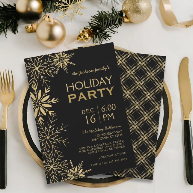 Gold Snowflakes Gold Plaid & Black Holiday Glam Invitation (Creator Uploaded)