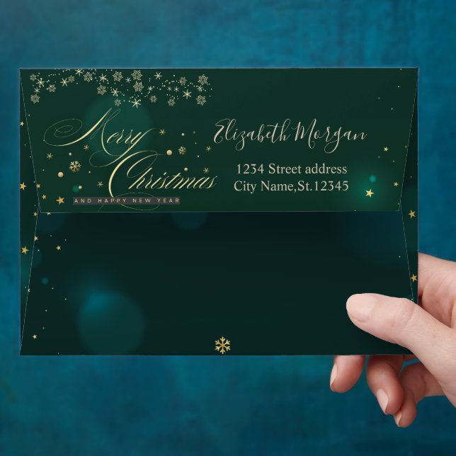  Gold Snowflakes Green Merry Christmas Envelope (Hand)