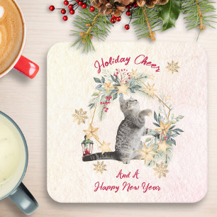 Gold Snowflakes Greenery Cute Funny Cat Christmas Square Paper Coaster