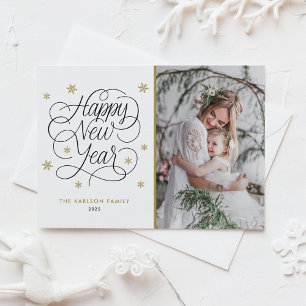Gold Snowflakes Happy New Year Photo Holiday Card