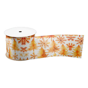 Gold Snowflakes & Holiday Trees Satin Ribbon