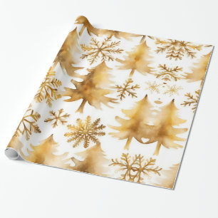 Gold Snowflakes Holiday Trees Wrapping Paper