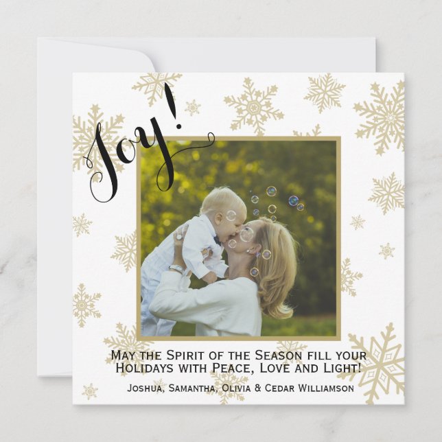 Gold Snowflakes Joy Square Photo Christmas Card (Front)