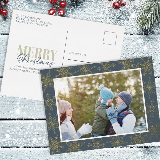 Gold Snowflakes Merry Christmas Photo Foil Holiday Postcard (Creator Uploaded)