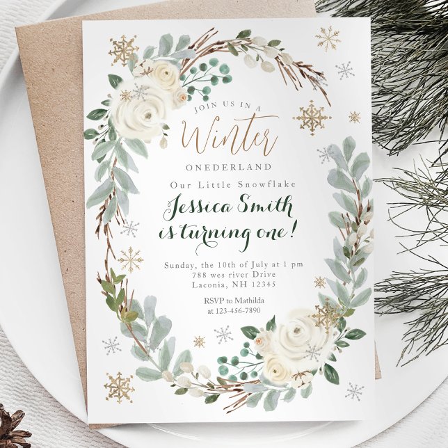 Gold Snowflakes Modern Forest Rustic Onederland  Invitation (Creator Uploaded)