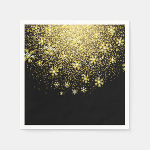 Gold Snowflakes on Black New Year's Eve Party Napkin