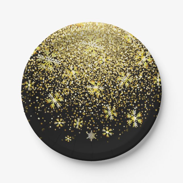 Gold Snowflakes on Black New Year's Eve Party Paper Plate (Front)