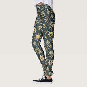 Gold Snowflakes on Dark Blue Leggings
