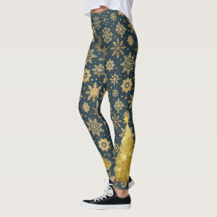 Gold Snowflakes on Dark Blue with Tree Leggings