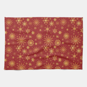 Gold Snowflakes on Dark Red Christmas Tea Towel