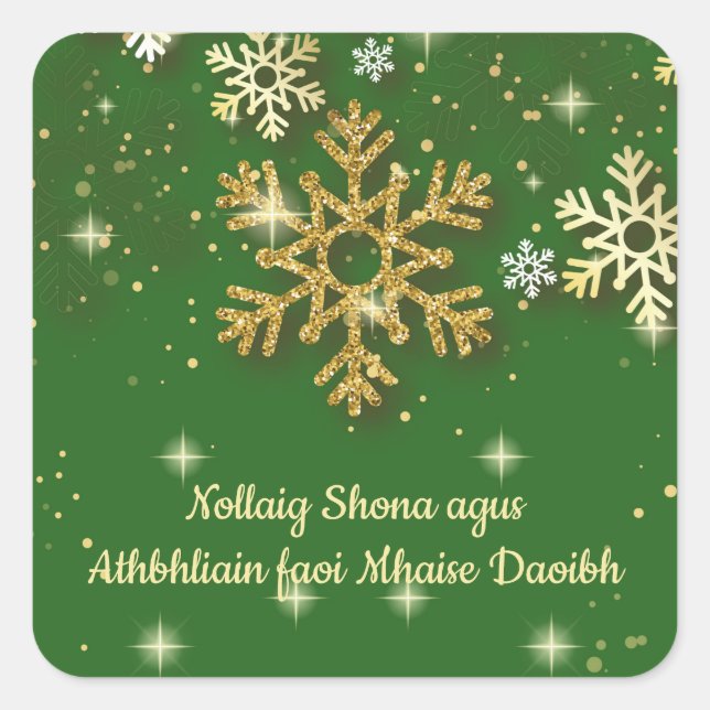 Gold snowflakes on green Irish Gaelic Christmas Square Sticker (Front)