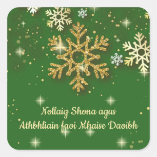 Gold snowflakes on green Irish Gaelic Christmas Square Sticker