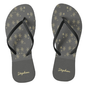 Gold snowflakes on grey thongs