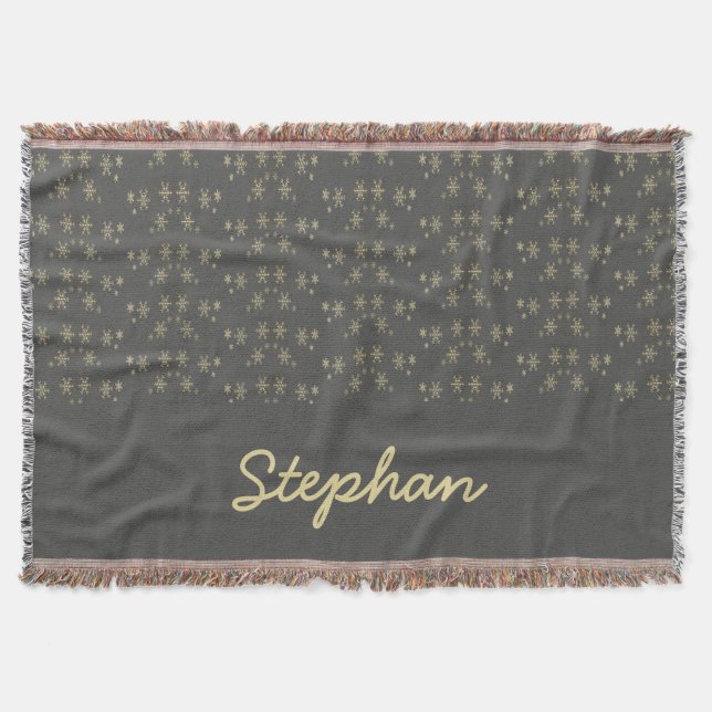 Gold snowflakes on grey throw blanket (Front)