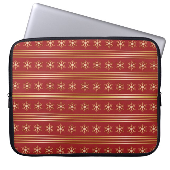 Gold Snowflakes on Red Christmas pattern Laptop Sleeve (Front)