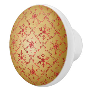 Gold Snowflakes on red pattern Christmas Ceramic Knob