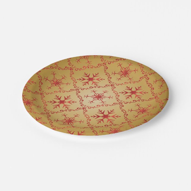 Gold Snowflakes on red pattern Christmas Paper Plate (Angled)