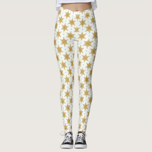 Gold Snowflakes on White Background Winter Leggings