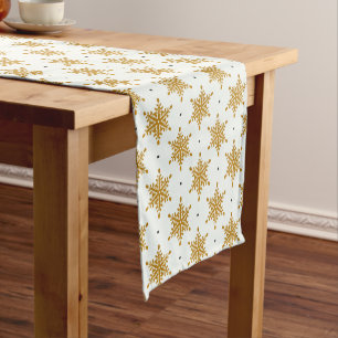 Gold Snowflakes on White Background Winter Short Table Runner