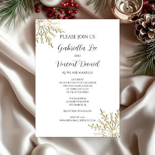 Gold Snowflakes on White Winter Wedding Invitation