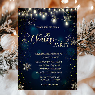 Gold Snowflakes,Ornaments,Lights Blue Christmas  Invitation
