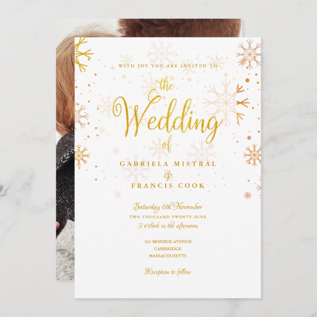 Gold Snowflakes Photo Winter Wedding Invitation (Front/Back)