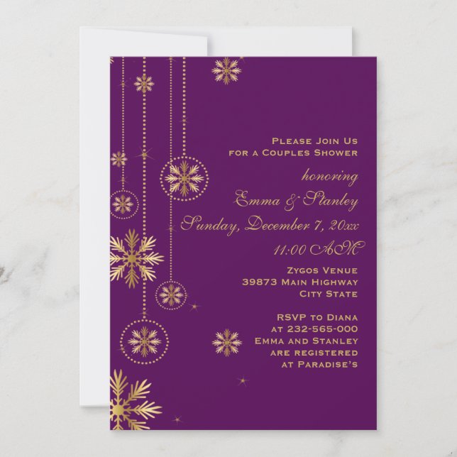 Gold snowflakes purple wedding couples shower invitation (Front)
