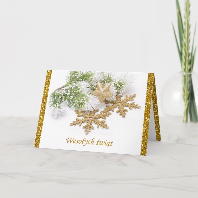 Gold snowflakes, spruce Polish Christmas Card (Front)