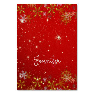 Gold Snowflakes Tented Red Christmas Place Cards