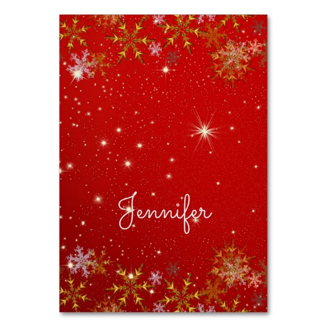 Gold Snowflakes Tented Red Christmas Place Cards (Front)