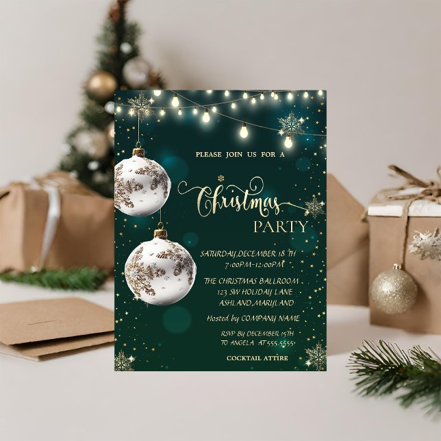 Gold Snowflakes,White Balls,Lights Green Christmas Invitation (Creator Uploaded)