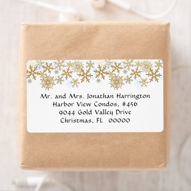 Gold Snowflakes White Christmas Shipping Labels (Insitu)
