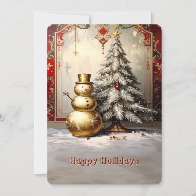 Gold Snowman Christmas Tree Holiday Card (Front)