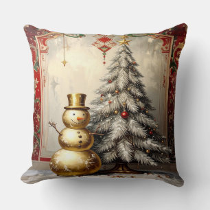 Gold Snowman Christmas Tree Holiday Cushion