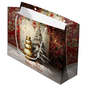 Gold Snowman Christmas Tree Holiday Gift Bag