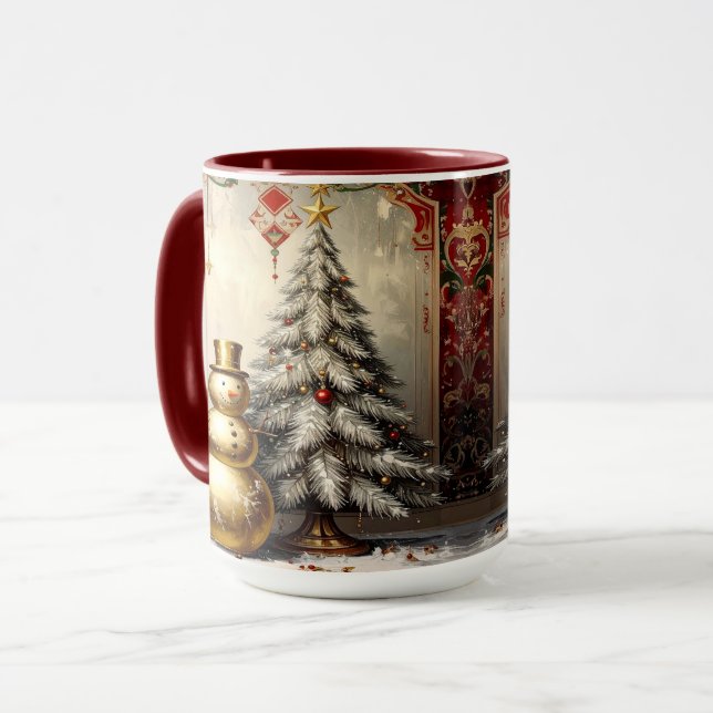 Gold Snowman Christmas Tree Holiday Mug (Front Left)