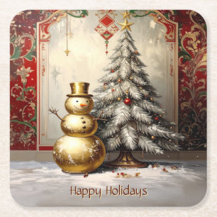 Gold Snowman Christmas Tree Holiday Square Paper Coaster