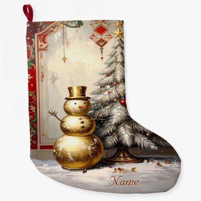 Gold Snowman Christmas Tree Holiday Stocking (Front)