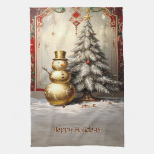 Gold Snowman Christmas Tree Holiday Tea Towel
