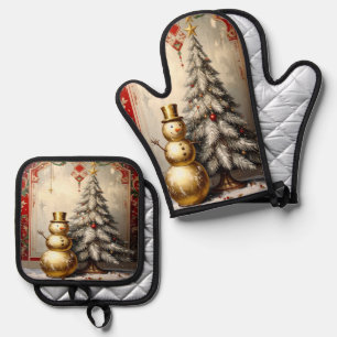 Gold Snowman Christmas Tree Oven Mitt & Pot Holder Set