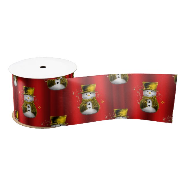 Gold Snowman on Red Satin Ribbon (Spool)
