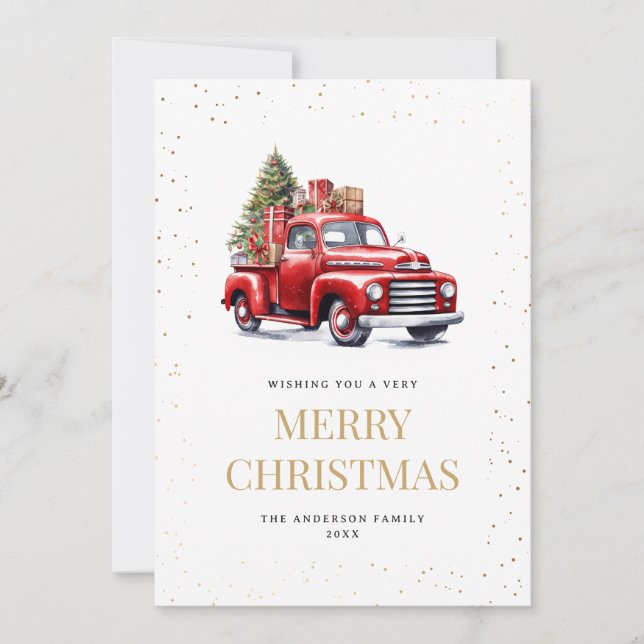 Gold Snowy Watercolor Red Truck Christmas Tree Holiday Card (Front)