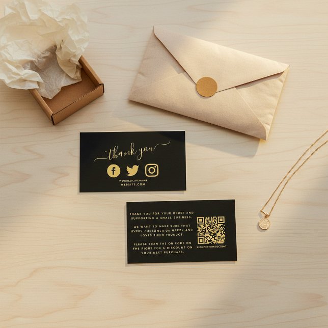Gold Social media icons QR code thank you discount Enclosure Card (Gold Social media icons QR code thank you discount Enclosure Card.)