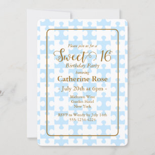 Gold Soft Blue White Puzzle Chequered Sweet 16 Invitation
