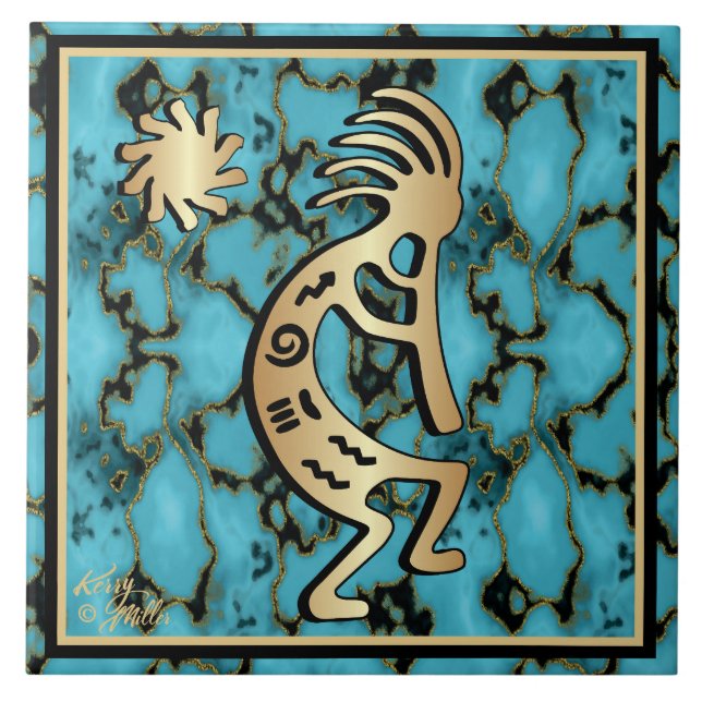 Gold Southwest Kokopelli And Sun Ceramic Tile (Front)