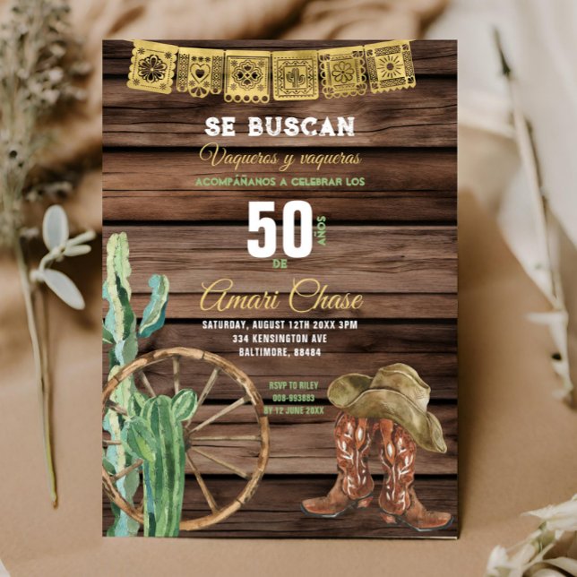 Gold Spanish Western Cowboy Birthday Rustic Wood Invitation (Creator Uploaded)