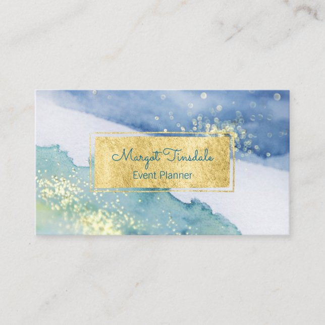 Gold Sparkle and Watercolor Business Card (Front)