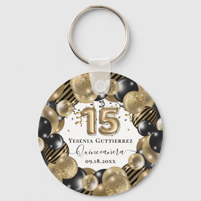 Gold Sparkle Black Quinceanera Balloon Key Ring (Front)