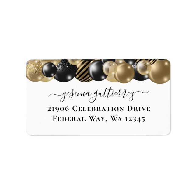 Gold Sparkle Black Quinceanera Balloon Return Labe Label (Front)