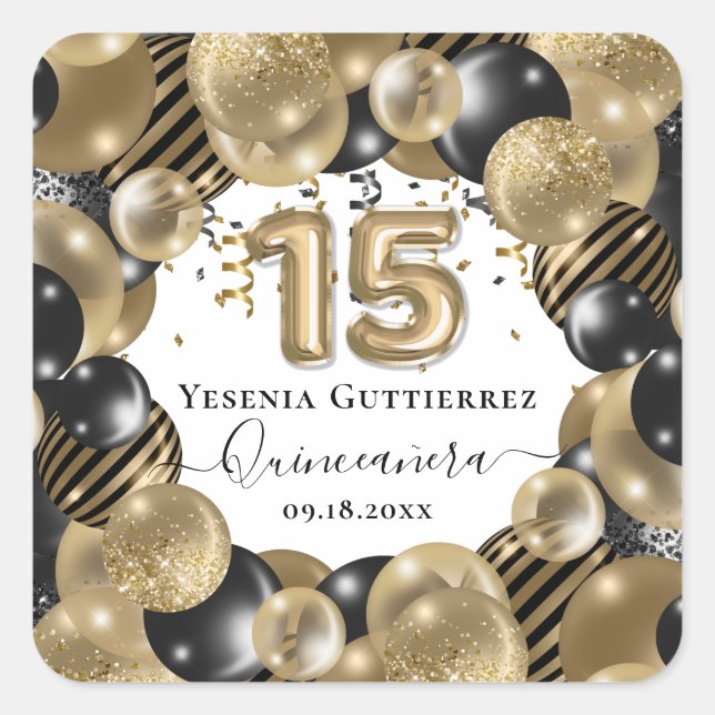 Gold Sparkle Black Quinceanera Balloon Square Sticker (Front)